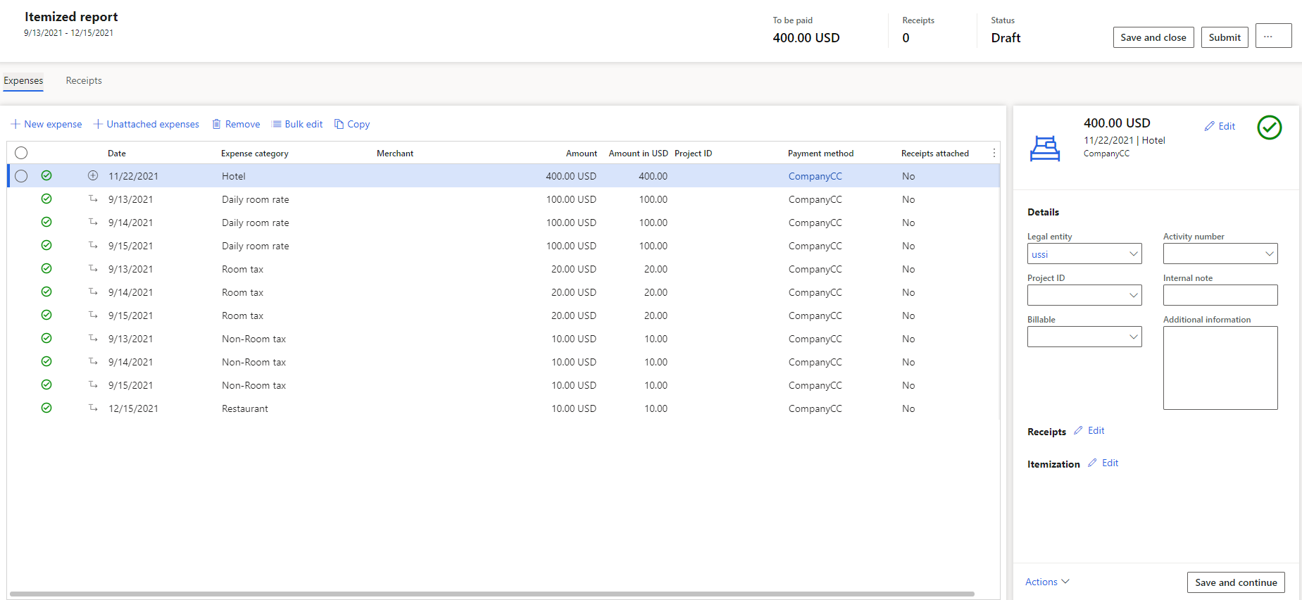 Screenshot einer detaillierten Spesenabrechnung mit einzelnen einzelgeordneten Zeilen für jeden Tag.